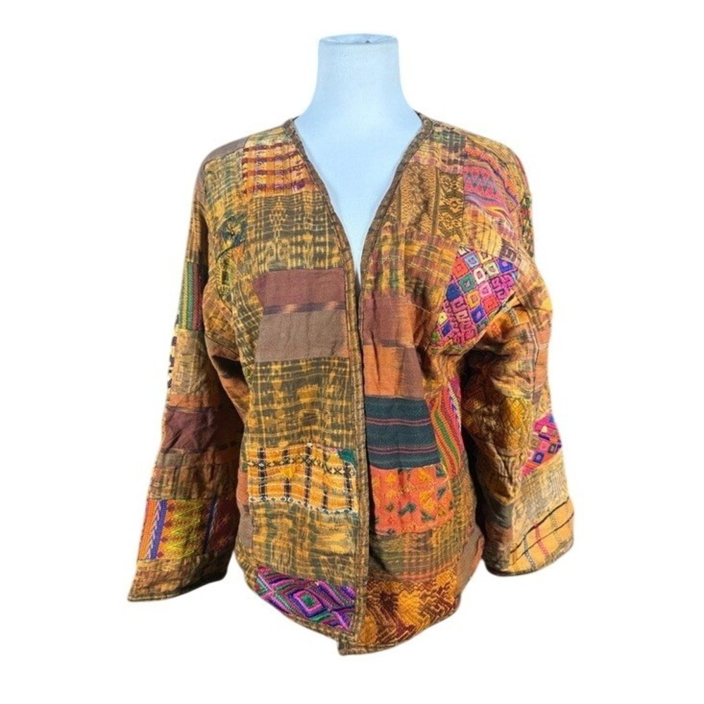 Laise Adzer Vintage Patchwork Open Front Jacket Multicolor Boho‎ Woven Lined